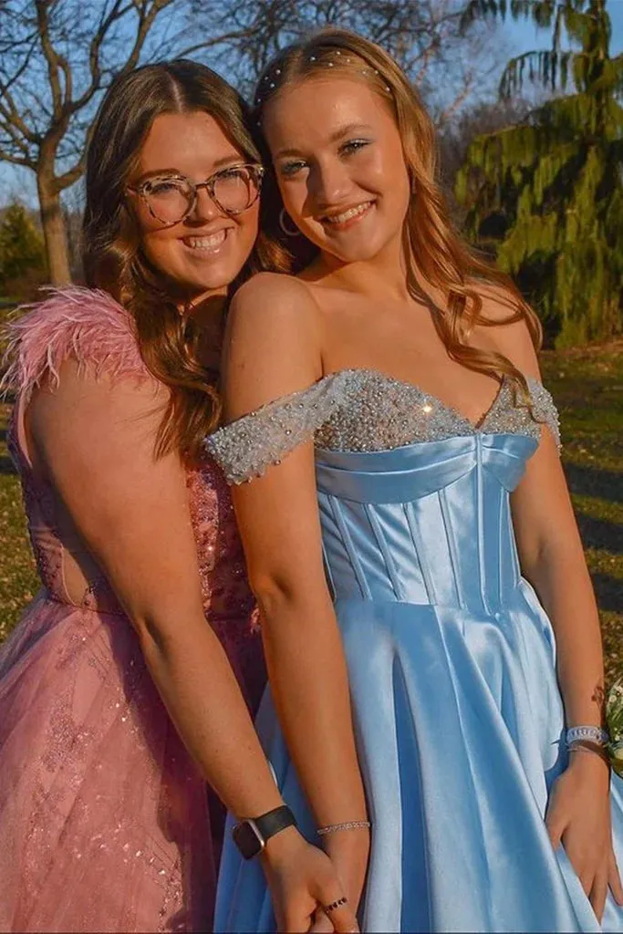 Off the Shoulder Beaded Light Blue Satin Long Prom Dresses, Light Blue Formal Graduation Evening Dresses