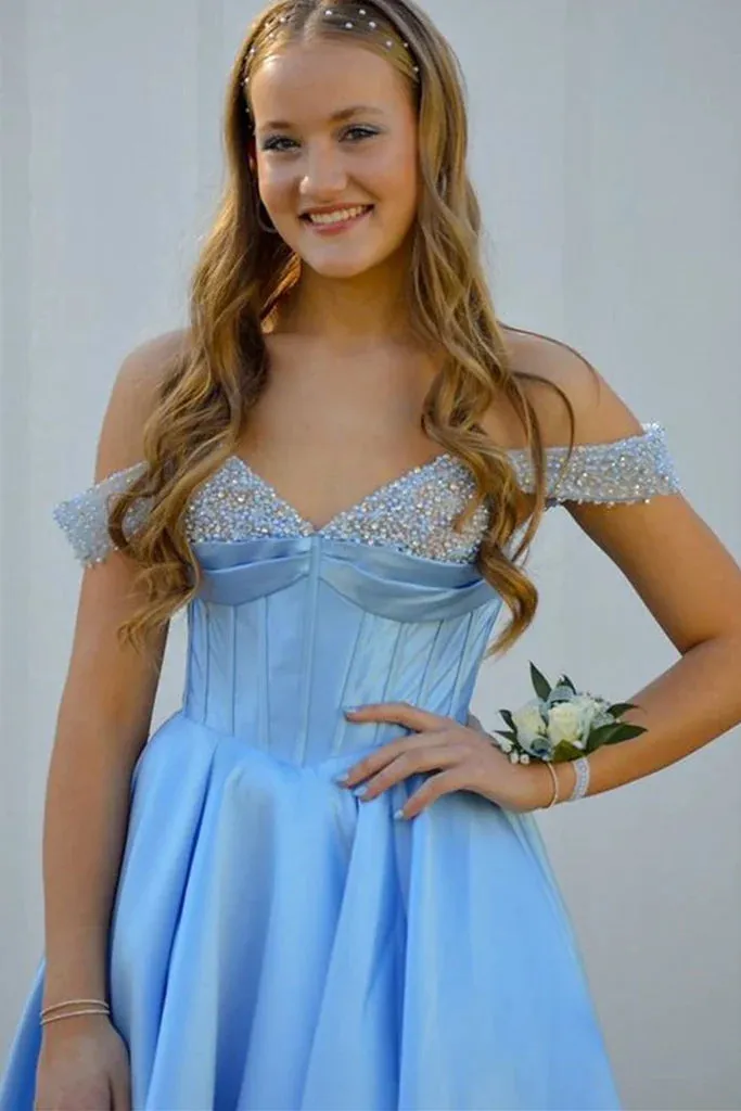 Off the Shoulder Beaded Light Blue Satin Long Prom Dresses, Light Blue Formal Graduation Evening Dresses