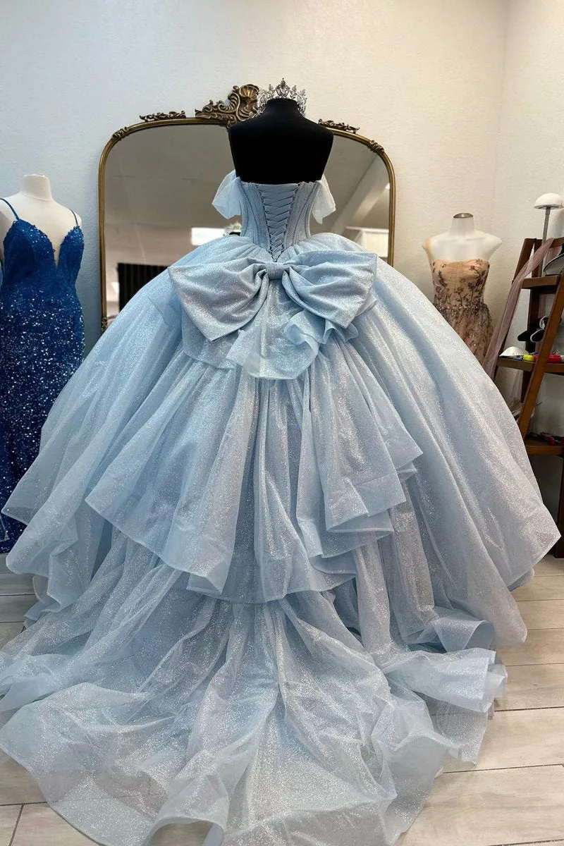 Off the Shoulder Tulle Princess Long Corset Quinceanera Dresses with Bow