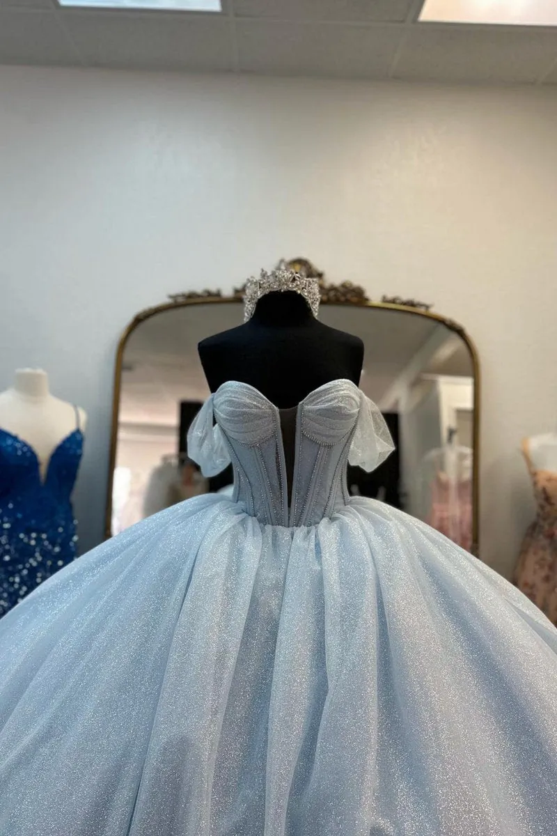 Off the Shoulder Tulle Princess Long Corset Quinceanera Dresses with Bow