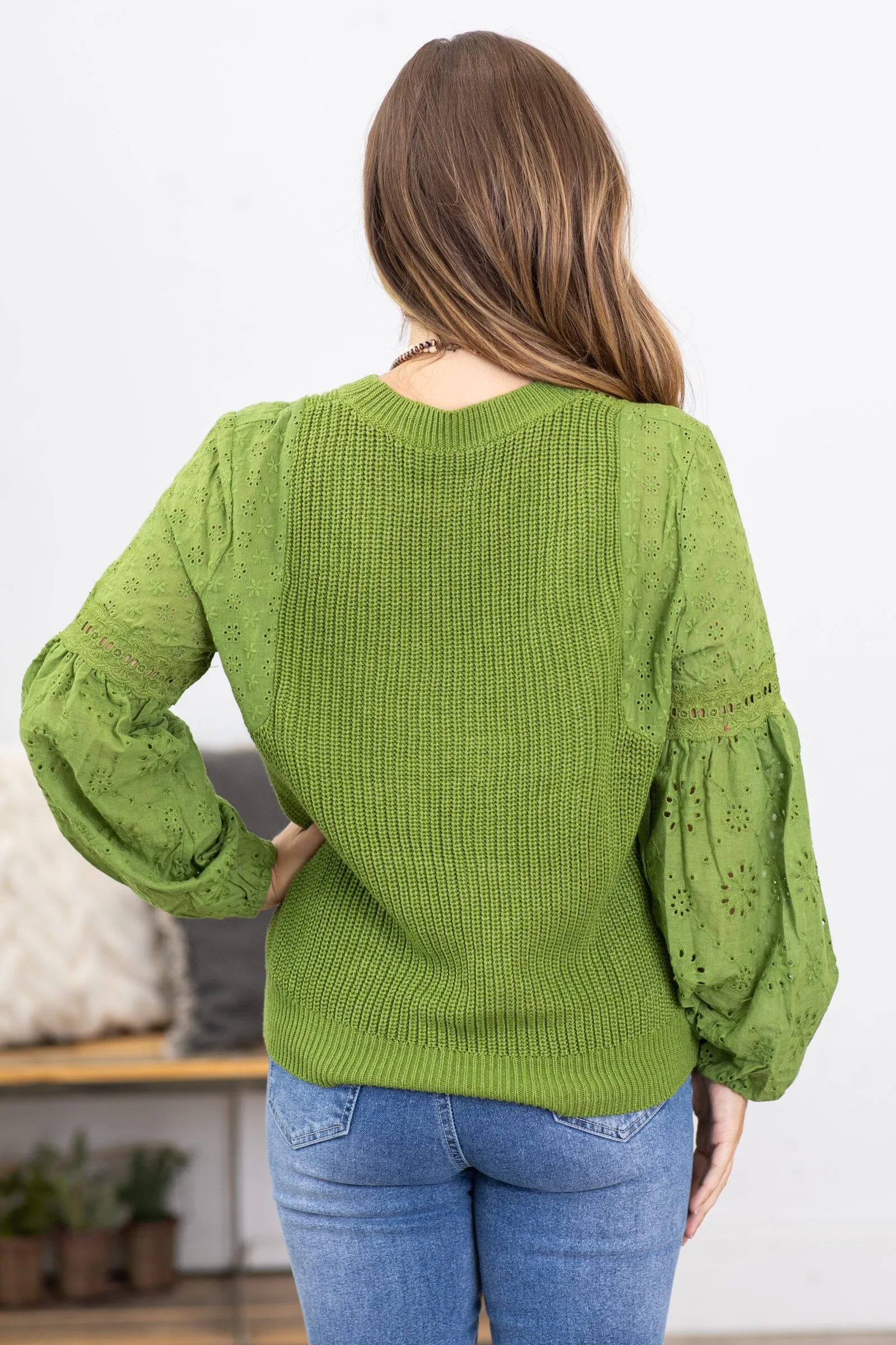 Olive Top with Laser Balloon Sleeve Detail
