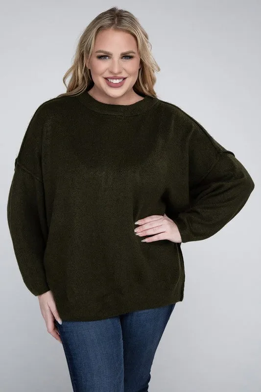 Oversized Raw Seam Melange Sweater, Zenana (Plus size only)