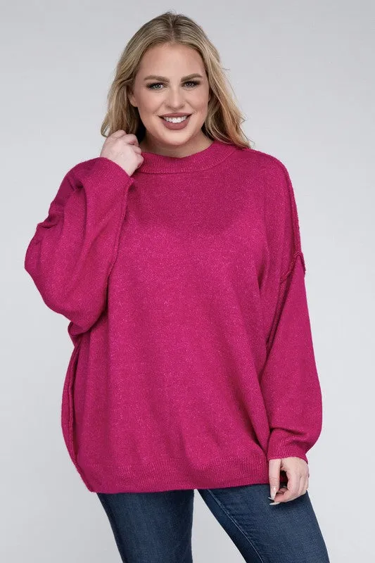 Oversized Raw Seam Melange Sweater, Zenana (Plus size only)