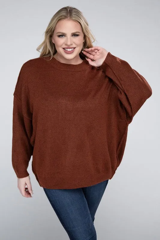 Oversized Raw Seam Melange Sweater, Zenana (Plus size only)
