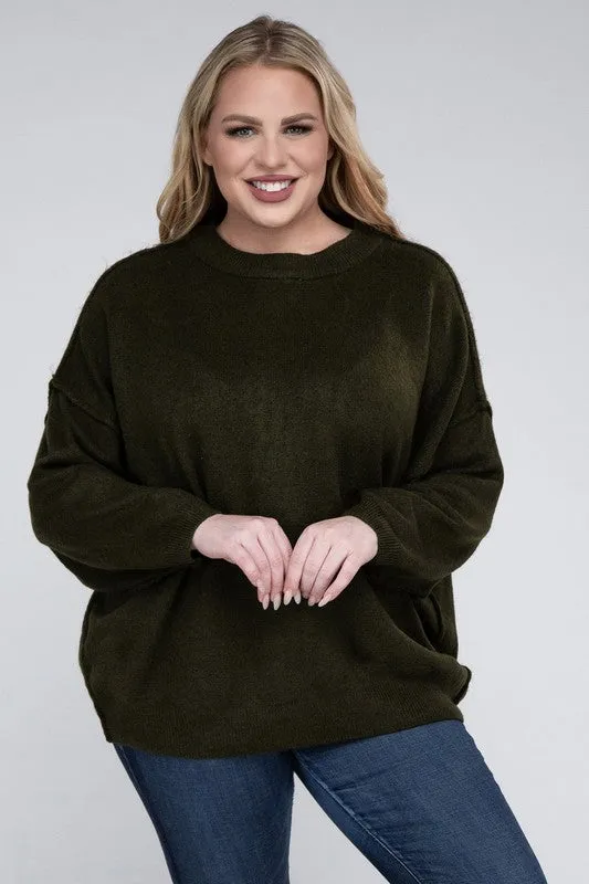 Oversized Raw Seam Melange Sweater, Zenana (Plus size only)