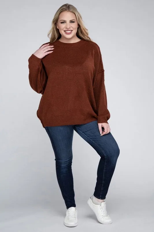 Oversized Raw Seam Melange Sweater, Zenana (Plus size only)