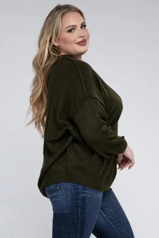 Oversized Raw Seam Melange Sweater, Zenana (Plus size only)