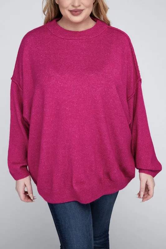 Oversized Raw Seam Melange Sweater, Zenana (Plus size only)