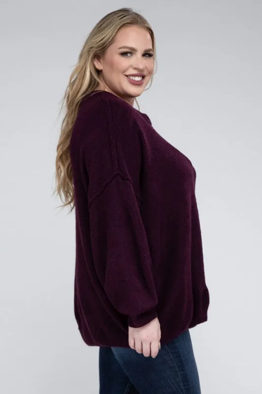 Oversized Raw Seam Melange Sweater, Zenana (Plus size only)