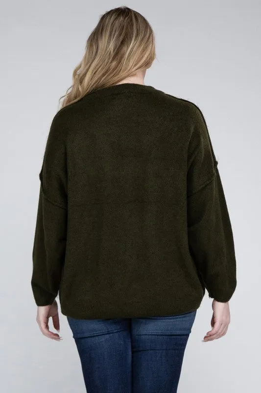 Oversized Raw Seam Melange Sweater, Zenana (Plus size only)