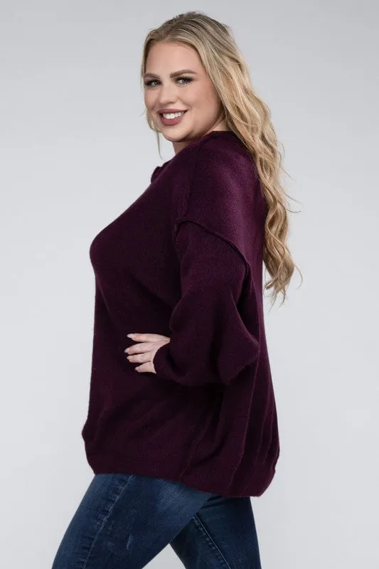 Oversized Raw Seam Melange Sweater, Zenana (Plus size only)