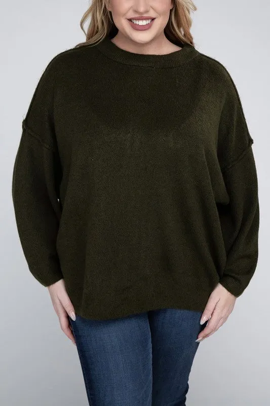 Oversized Raw Seam Melange Sweater, Zenana (Plus size only)