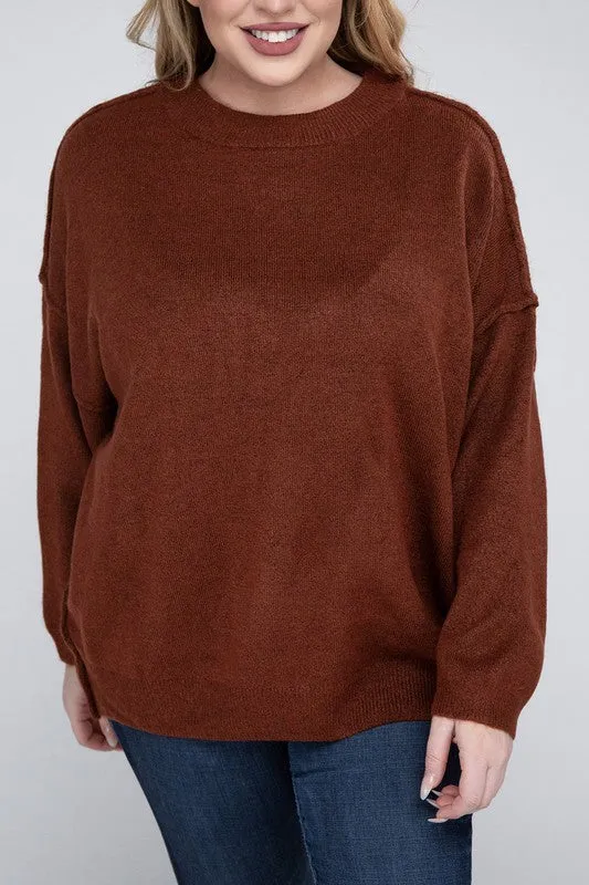 Oversized Raw Seam Melange Sweater, Zenana (Plus size only)