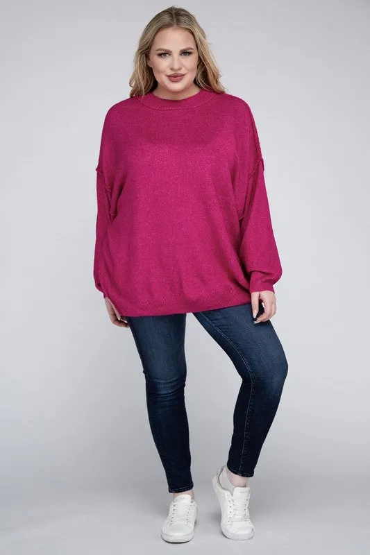 Oversized Raw Seam Melange Sweater, Zenana (Plus size only)