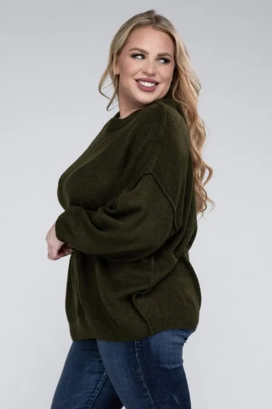 Oversized Raw Seam Melange Sweater, Zenana (Plus size only)