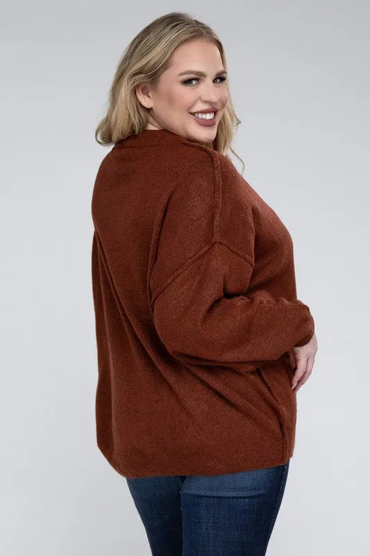 Oversized Raw Seam Melange Sweater, Zenana (Plus size only)