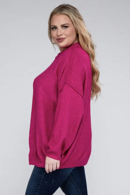 Oversized Raw Seam Melange Sweater, Zenana (Plus size only)