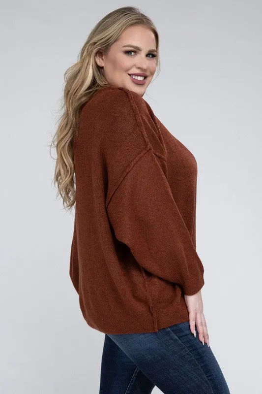 Oversized Raw Seam Melange Sweater, Zenana (Plus size only)
