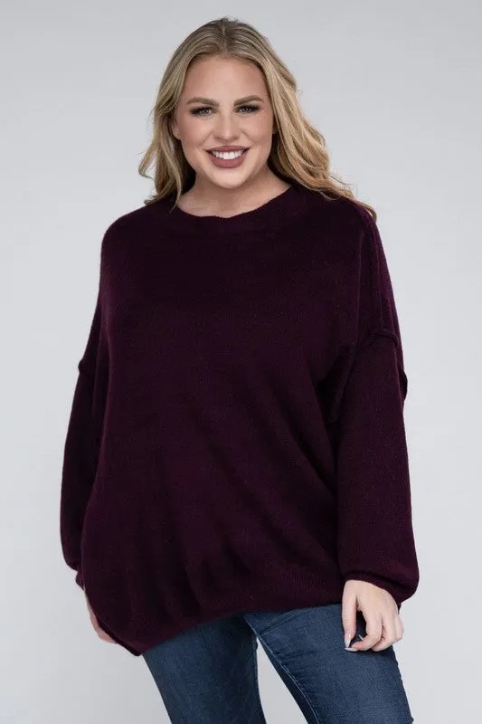 Oversized Raw Seam Melange Sweater, Zenana (Plus size only)
