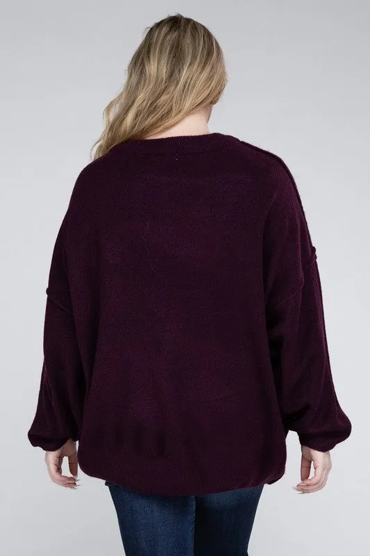 Oversized Raw Seam Melange Sweater, Zenana (Plus size only)