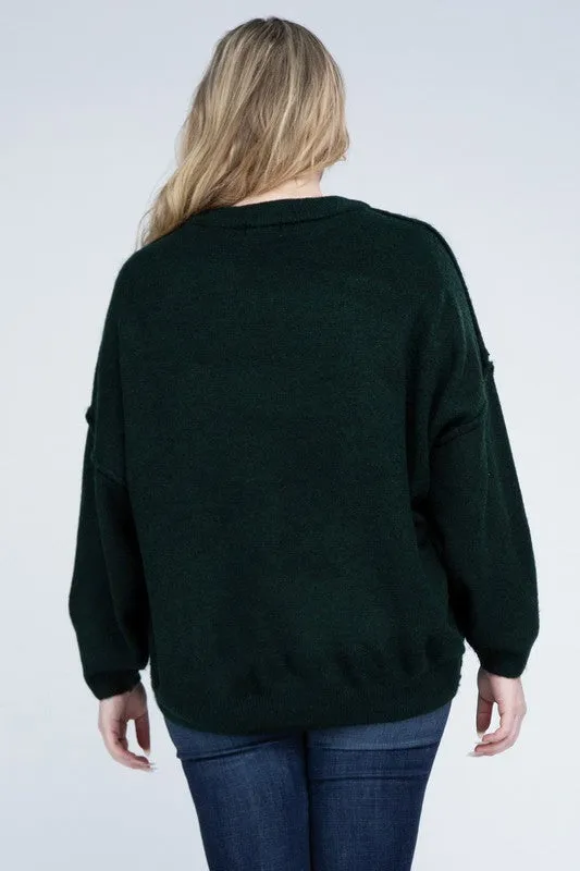 Oversized Raw Seam Melange Sweater, Zenana (Plus size only)