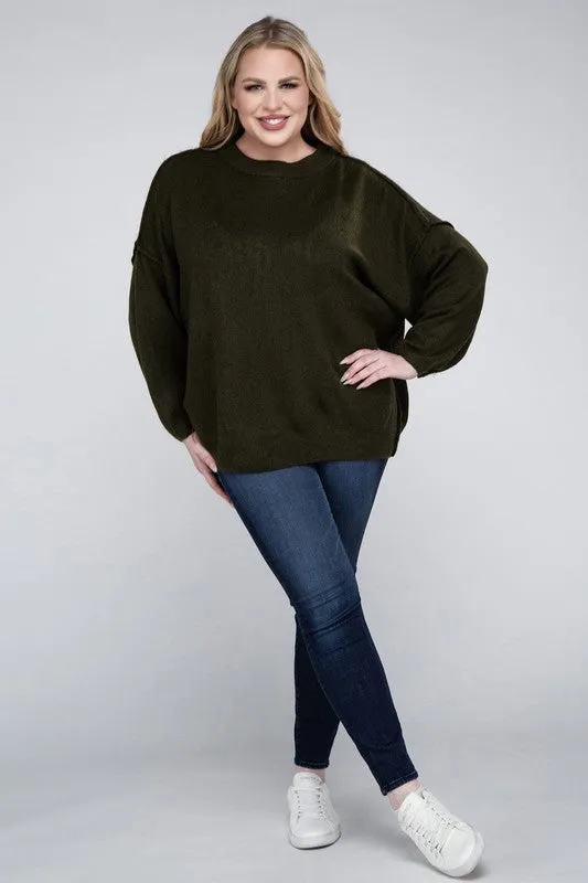 Oversized Raw Seam Melange Sweater, Zenana (Plus size only)