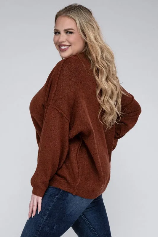 Oversized Raw Seam Melange Sweater, Zenana (Plus size only)