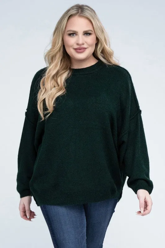 Oversized Raw Seam Melange Sweater, Zenana (Plus size only)