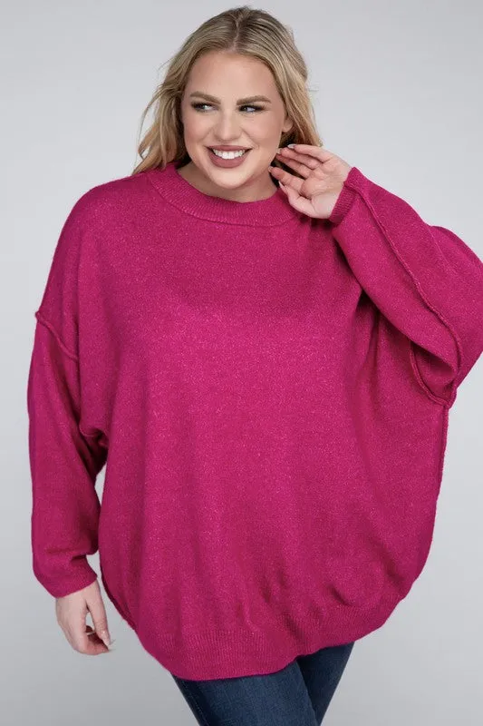 Oversized Raw Seam Melange Sweater, Zenana (Plus size only)