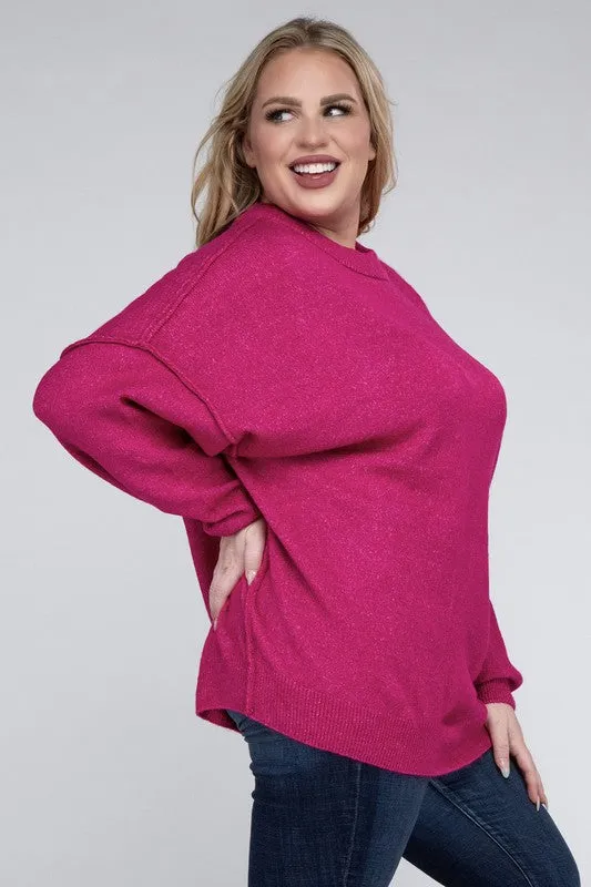 Oversized Raw Seam Melange Sweater, Zenana (Plus size only)