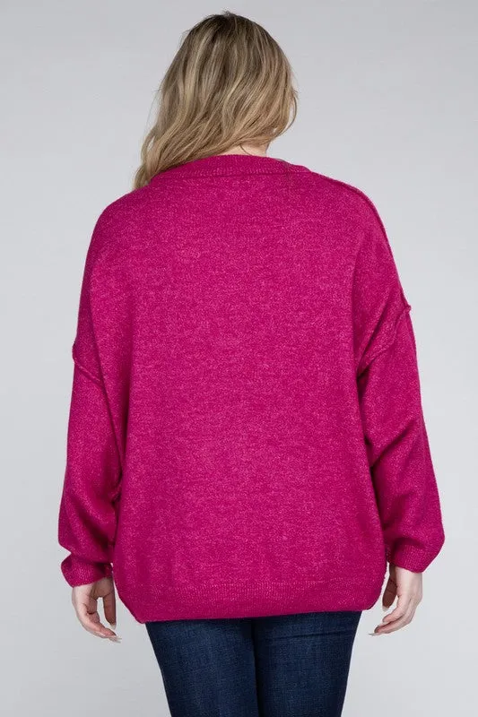 Oversized Raw Seam Melange Sweater, Zenana (Plus size only)