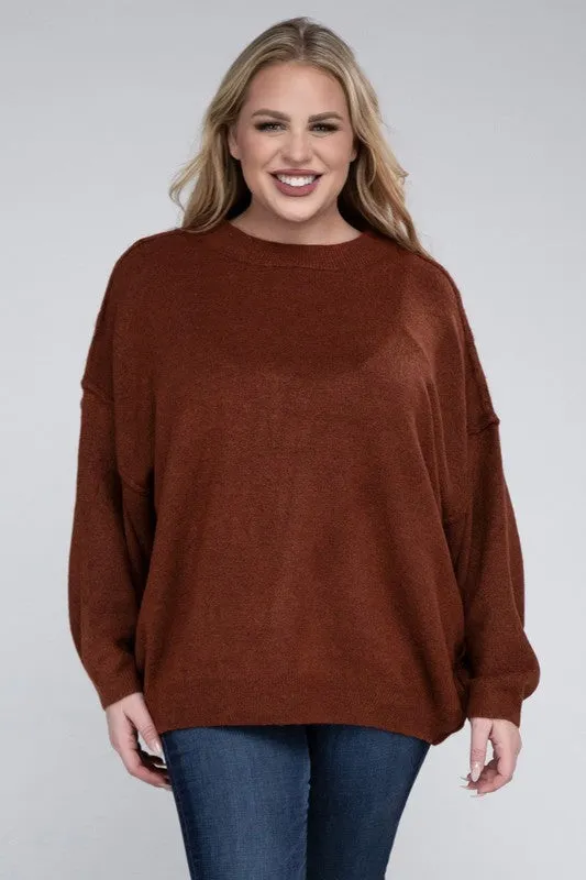 Oversized Raw Seam Melange Sweater, Zenana (Plus size only)