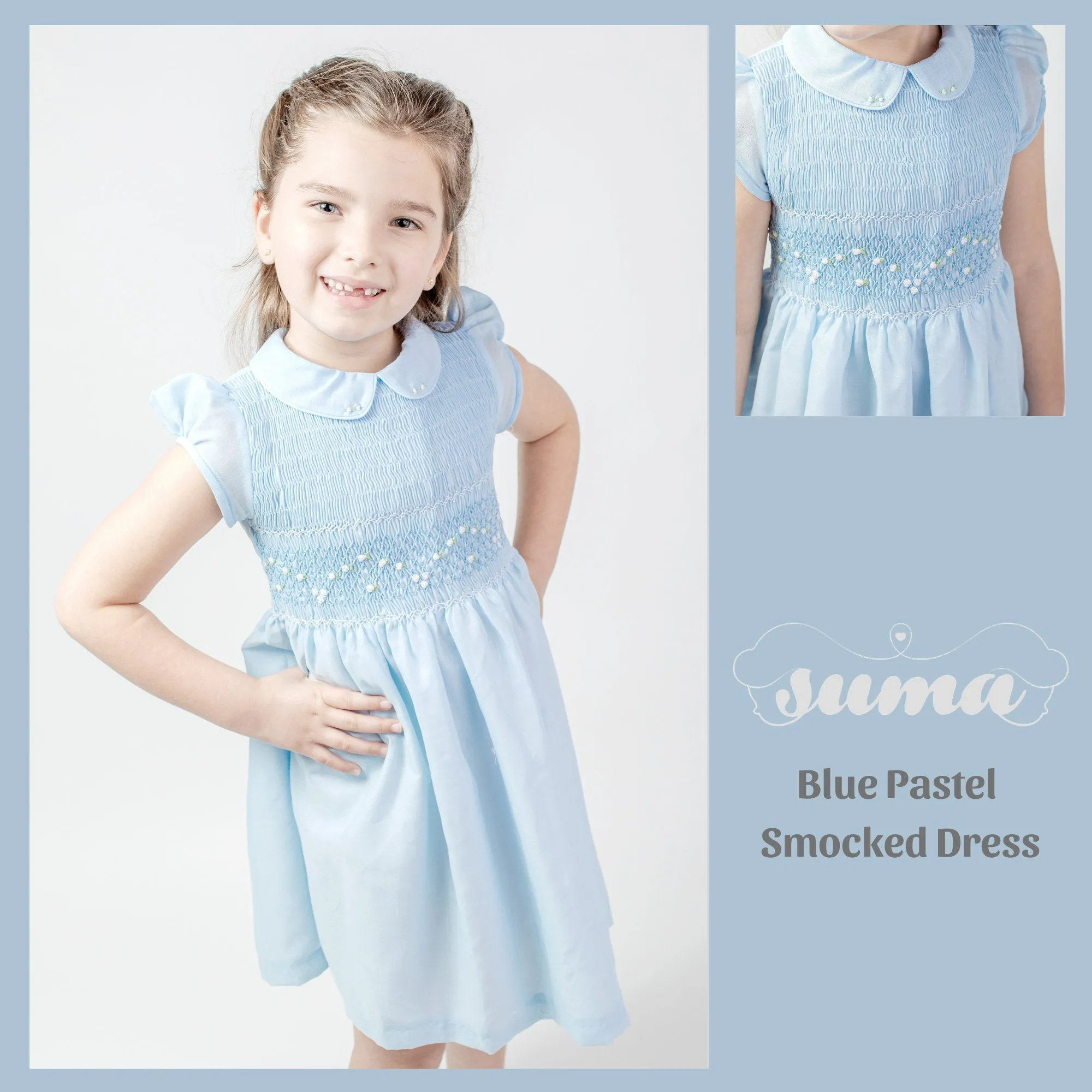 Pastel SUMA  Collection Matching Sister Dresses Cotton Fabric,   Smocked Dresses, White, Ivory, Lavander, Light Blue, Pink,