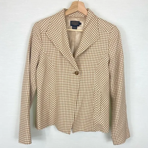 PENDLETON Tan and White Neutral Plaid Checkered Virgin Wool Boxy Blazer