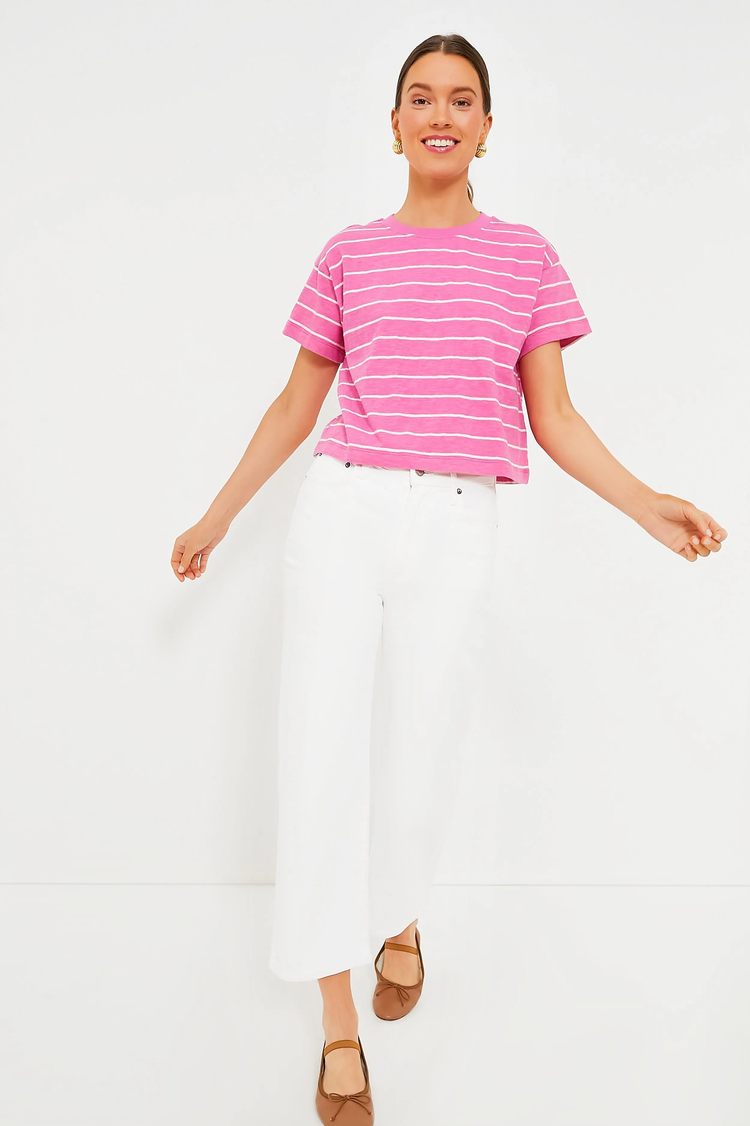 Pink and Skipper Blue Stripe Heavy Slub Boxy Crew Crop Tee