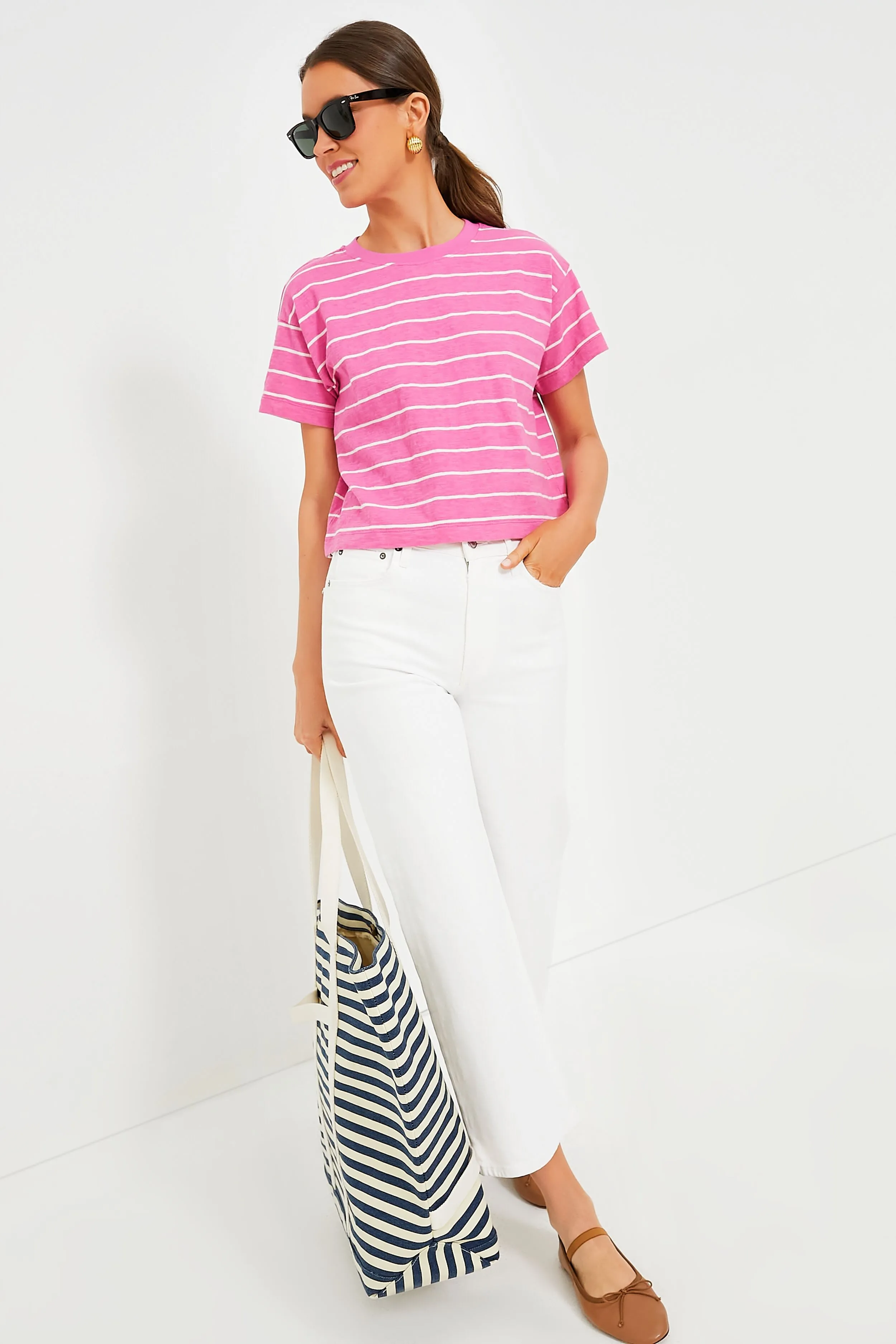 Pink and Skipper Blue Stripe Heavy Slub Boxy Crew Crop Tee