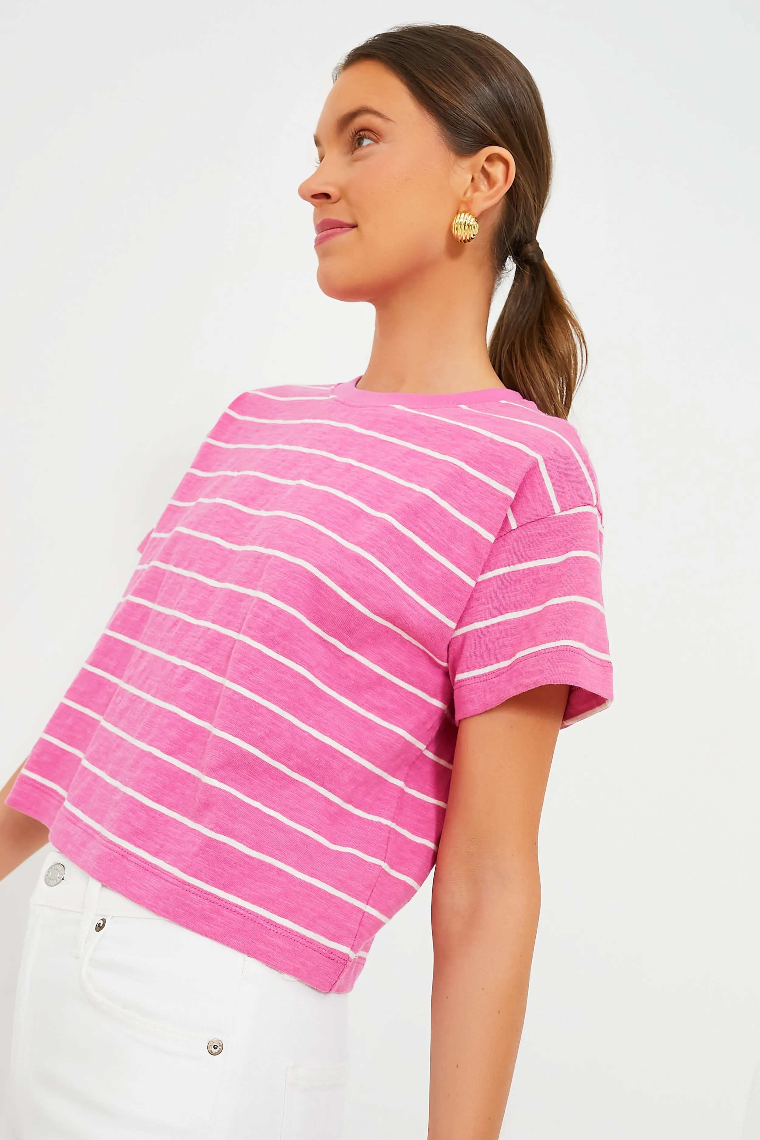 Pink and Skipper Blue Stripe Heavy Slub Boxy Crew Crop Tee