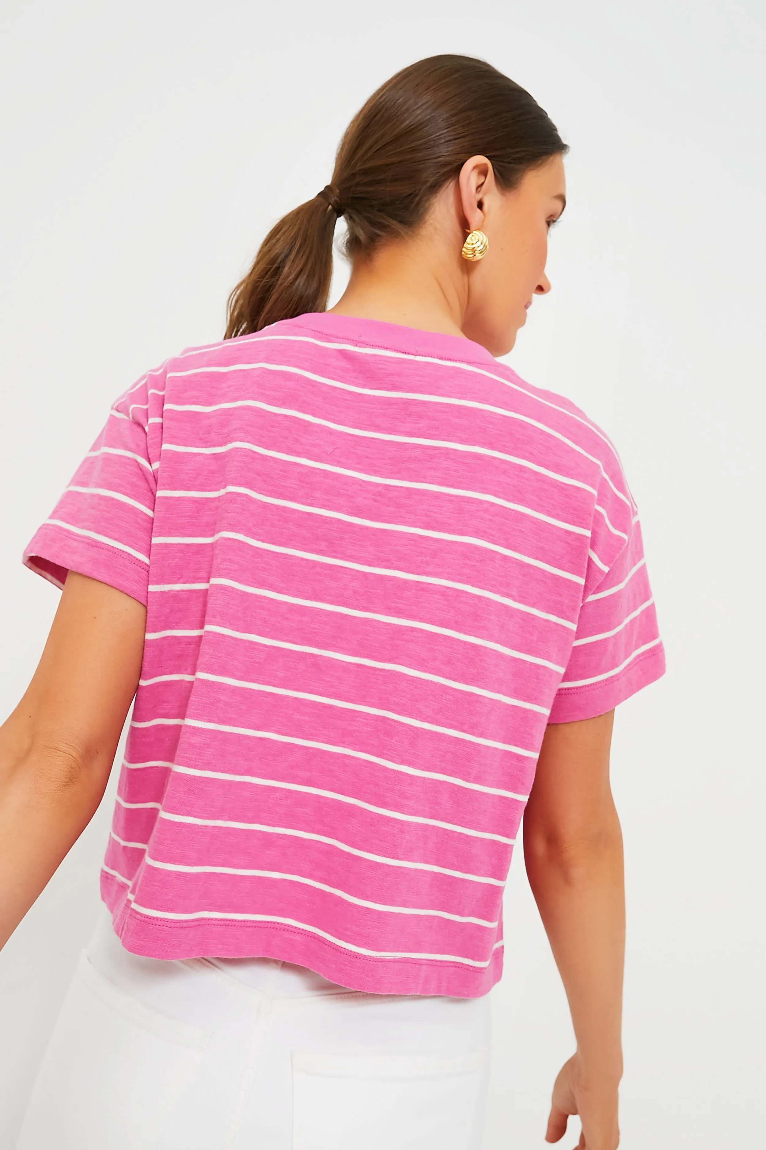 Pink and Skipper Blue Stripe Heavy Slub Boxy Crew Crop Tee