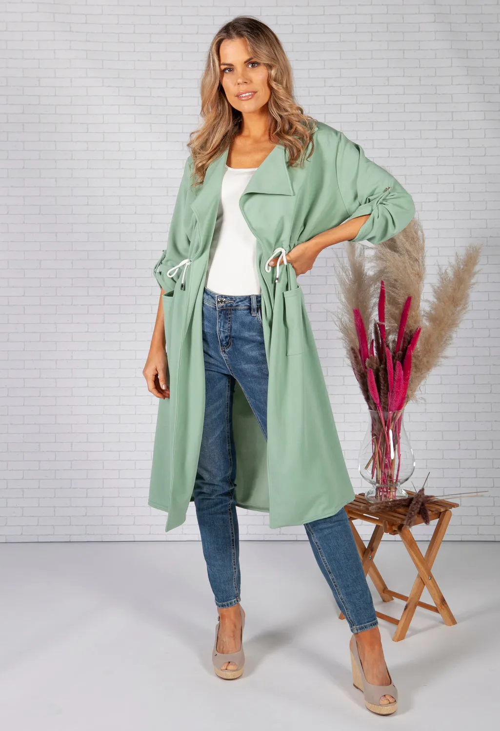 Pistachio Drawstring waterfall front scuba crepe jacket