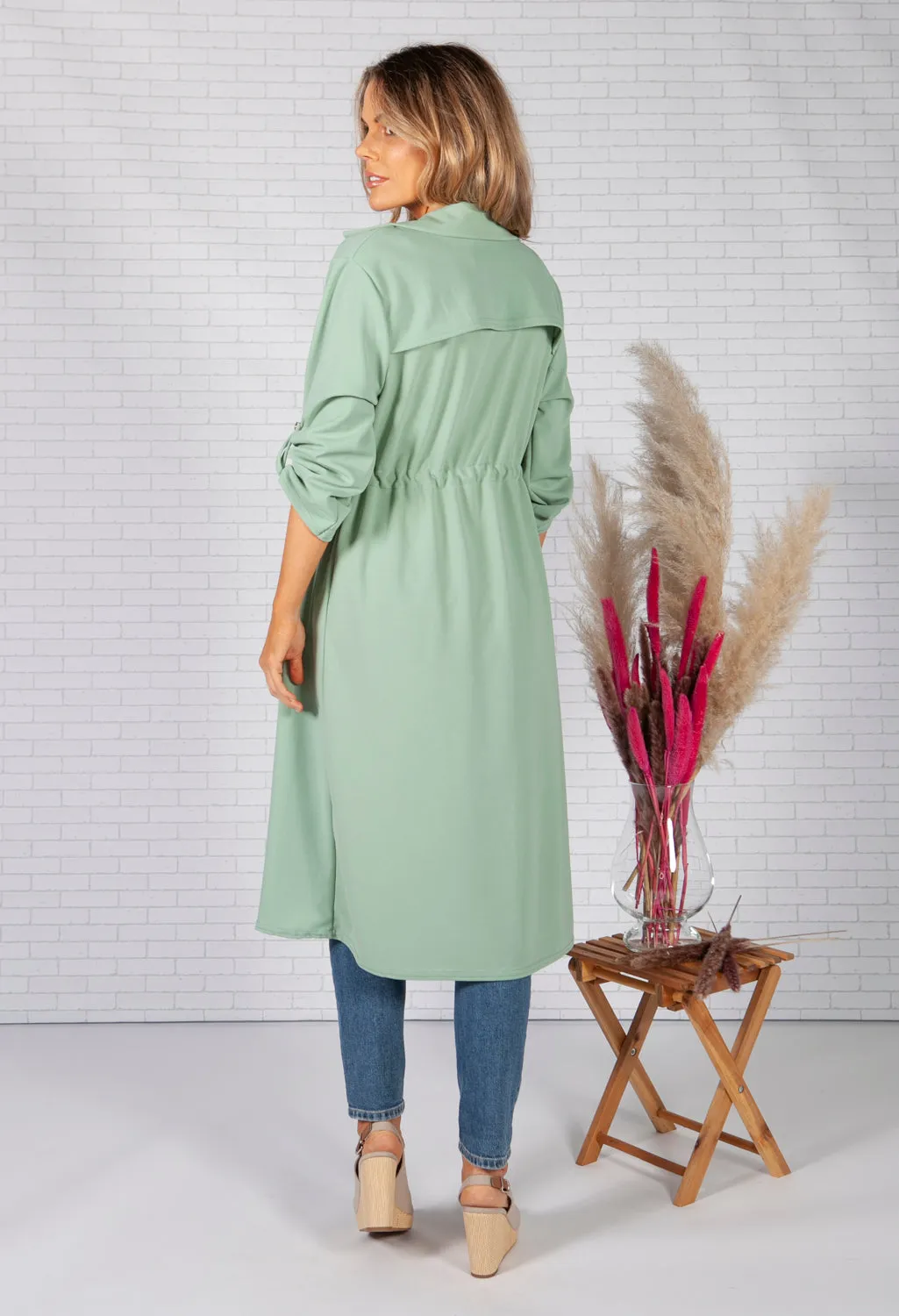 Pistachio Drawstring waterfall front scuba crepe jacket