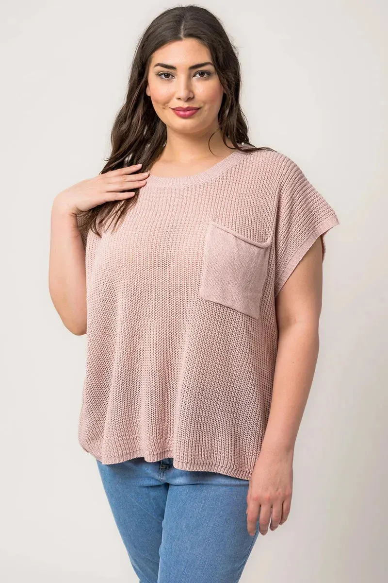 Plus Size Boxy Front Pocket Short Sleeve Sweater Top