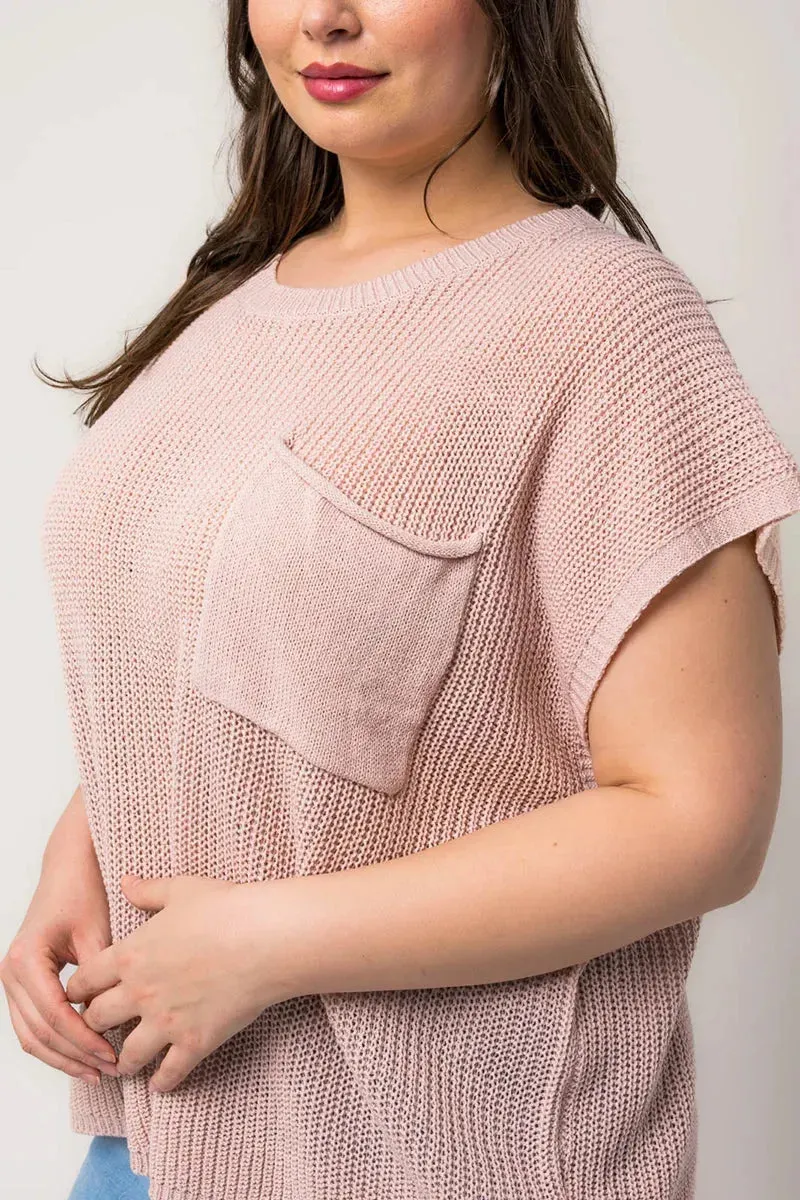 Plus Size Boxy Front Pocket Short Sleeve Sweater Top