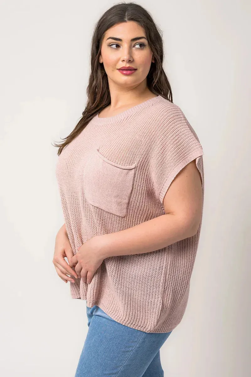 Plus Size Boxy Front Pocket Short Sleeve Sweater Top