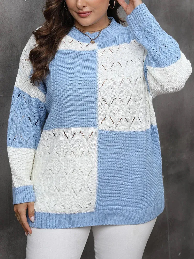 Plus Size Color Block Knitted Sweaters Casual