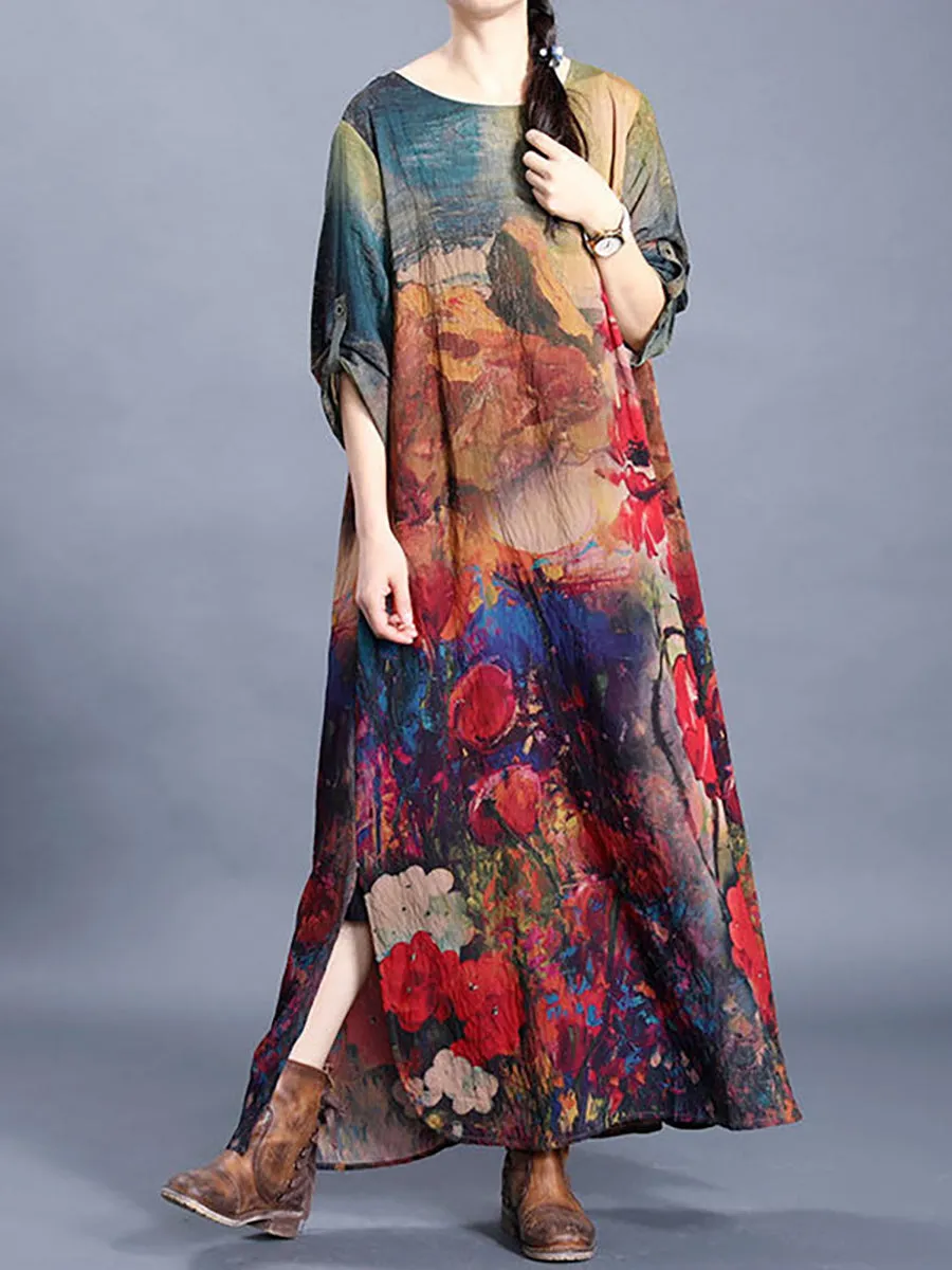 Plus Size Flower Printed Retro Split Hem Dress