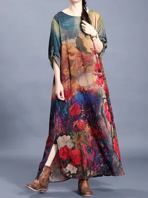 Plus Size Flower Printed Retro Split Hem Dress