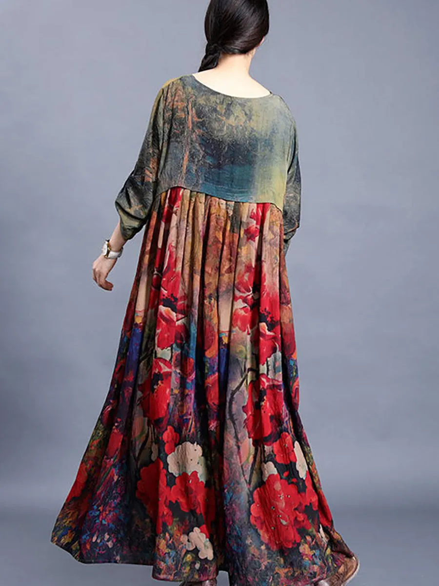 Plus Size Flower Printed Retro Split Hem Dress
