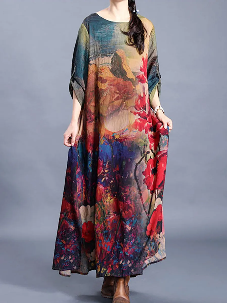 Plus Size Flower Printed Retro Split Hem Dress