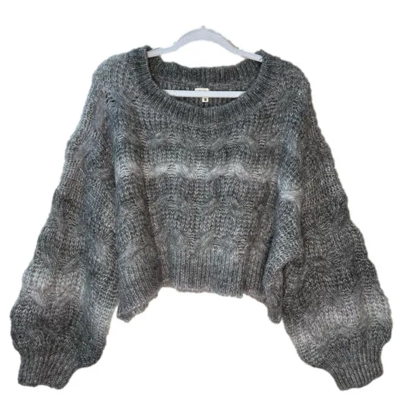 POL Women’s Small Boxy Bubble Sleeve Grey Ombre Chunky Knit Cropped Sweater NWOT