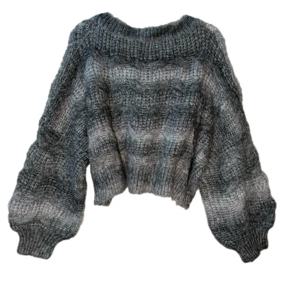 POL Women’s Small Boxy Bubble Sleeve Grey Ombre Chunky Knit Cropped Sweater NWOT